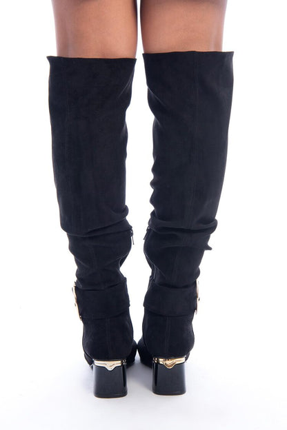 Suede Stretch Block Heel Boots – Black