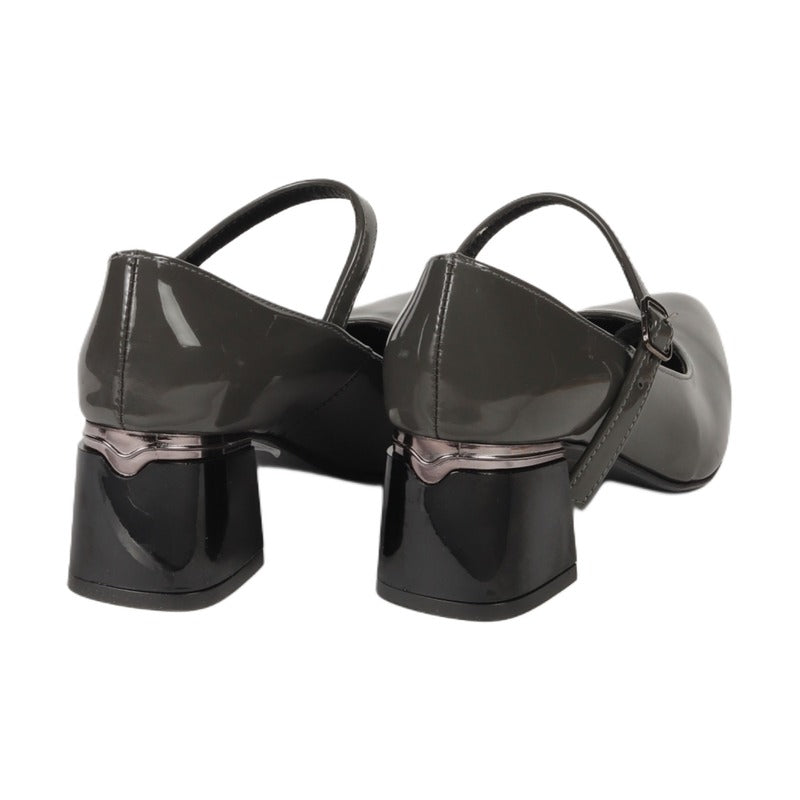 Faux Leather Vernis Ankle-Strap Block Heels – Grey