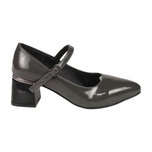 Faux Leather Vernis Ankle-Strap Block Heels – Grey