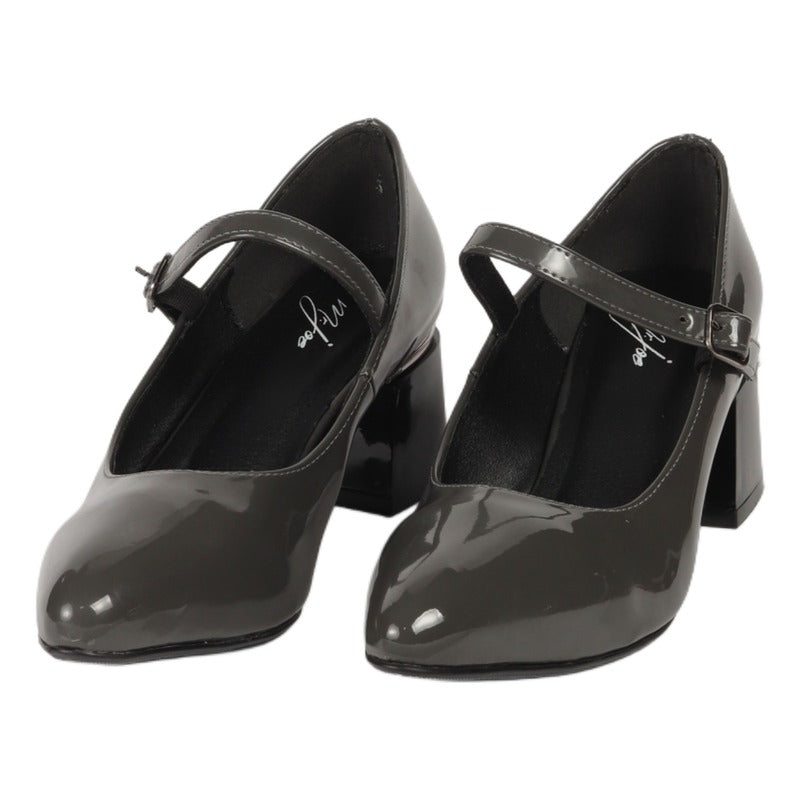 Faux Leather Vernis Ankle-Strap Block Heels – Grey