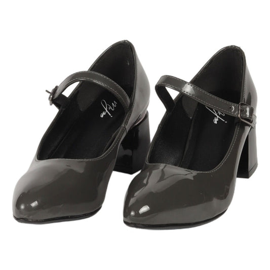 Faux Leather Vernis Ankle-Strap Block Heels – Grey