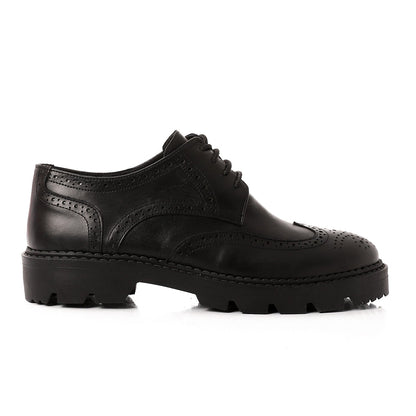 Faux Leather Lace-Up Brogue Shoes - Black