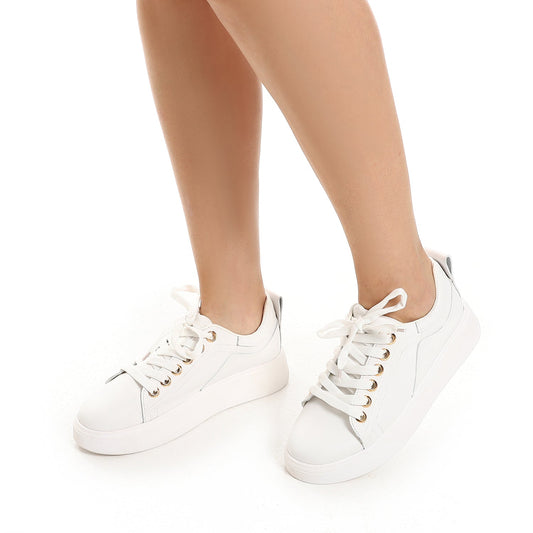 Faux Leather Casual Sneakers - White