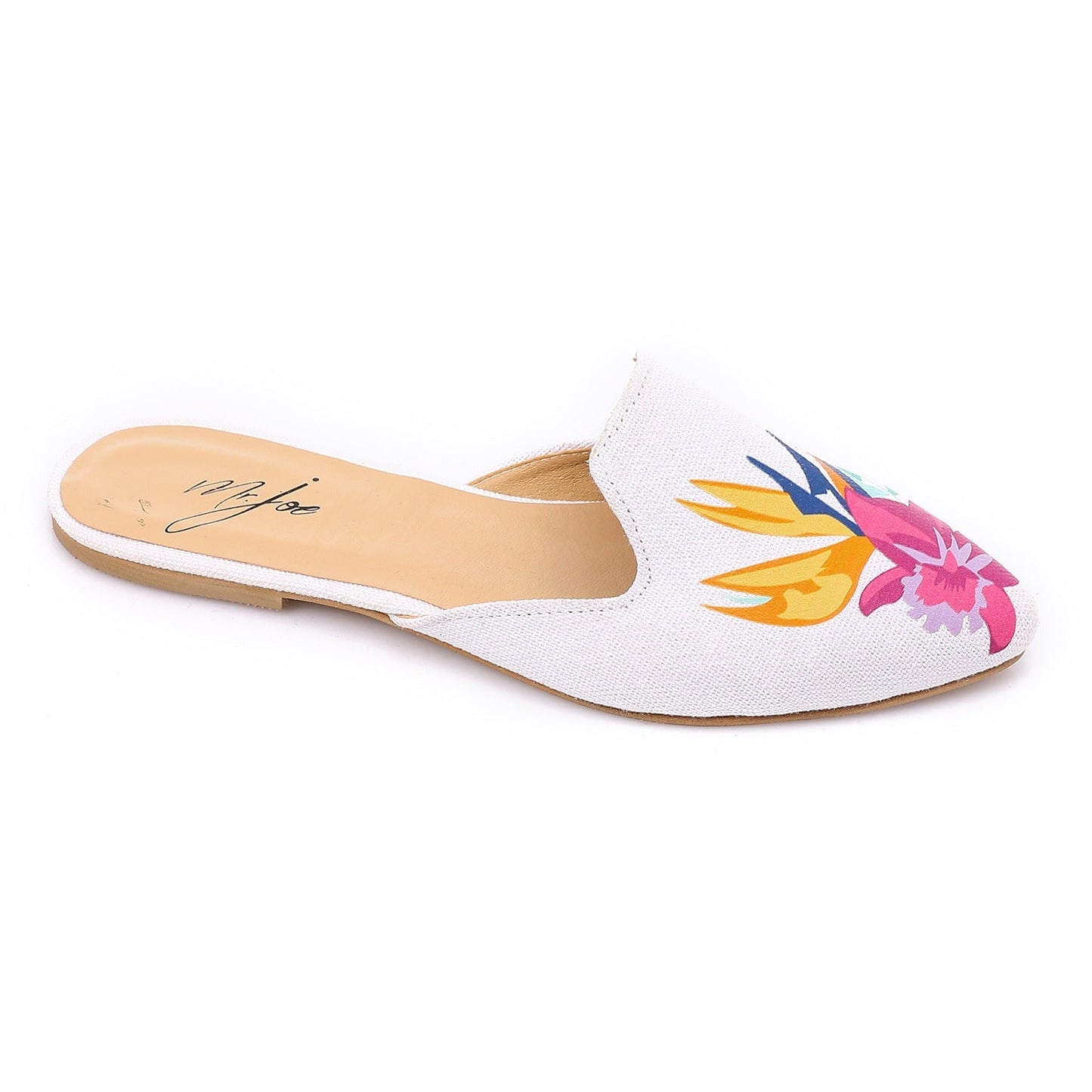 Faux Leather Floral Print Slip-On Mules – White