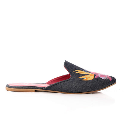Canvas Embroidered Pointed Toe Mules – Multicolor