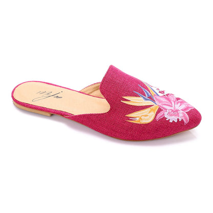 Canvas Embroidered Floral Mules - Fuchsia