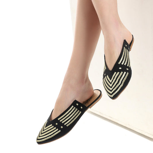 Canvas Embroidered Slip-On Mules - Black
