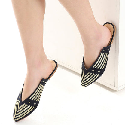 Canvas Embroidered Slip-On Mules - Black