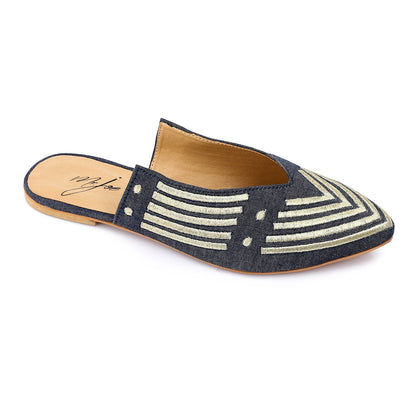 Canvas Embroidered Slip-On Mules- Navy