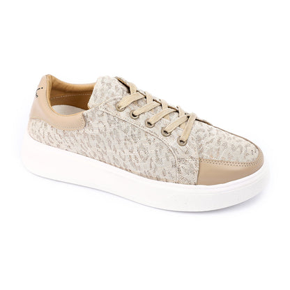 Faux Leather Lace-Up Sneakers - Beige