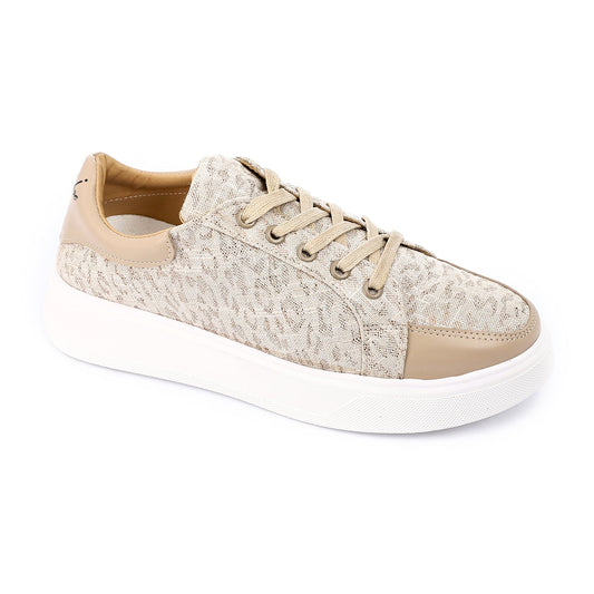 Faux Leather Lace-Up Sneakers - Beige