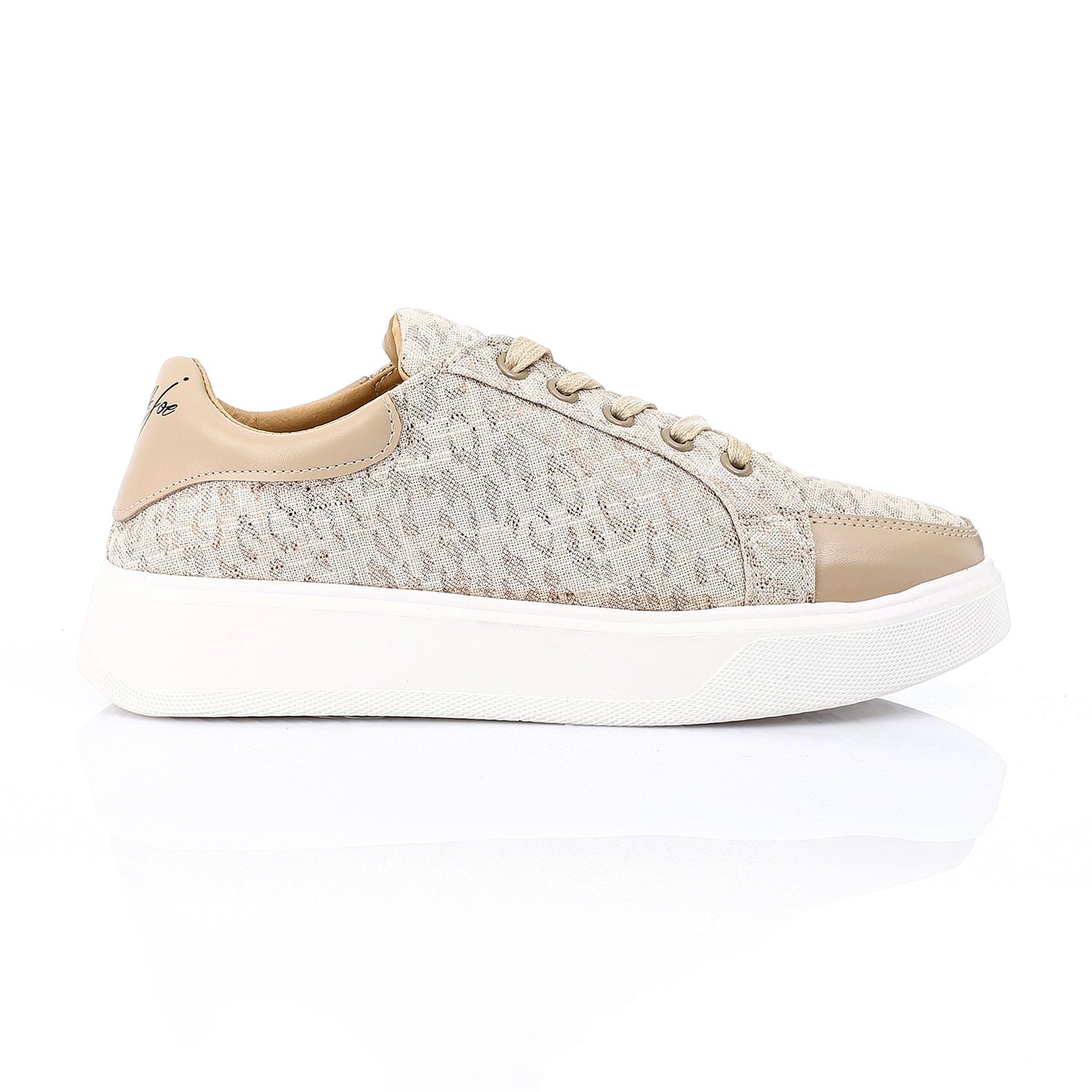 Faux Leather Lace-Up Sneakers - Beige