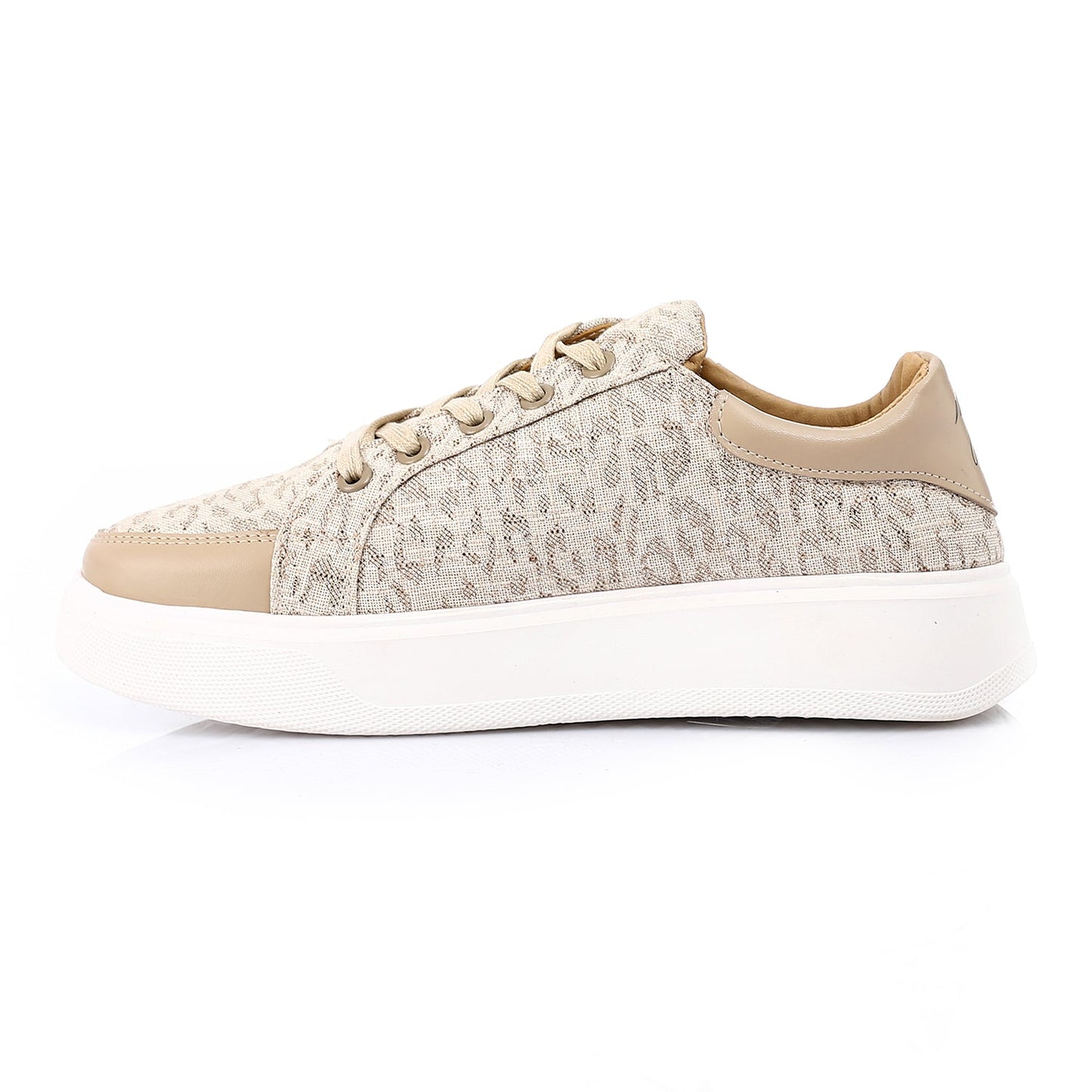 Faux Leather Lace-Up Sneakers - Beige