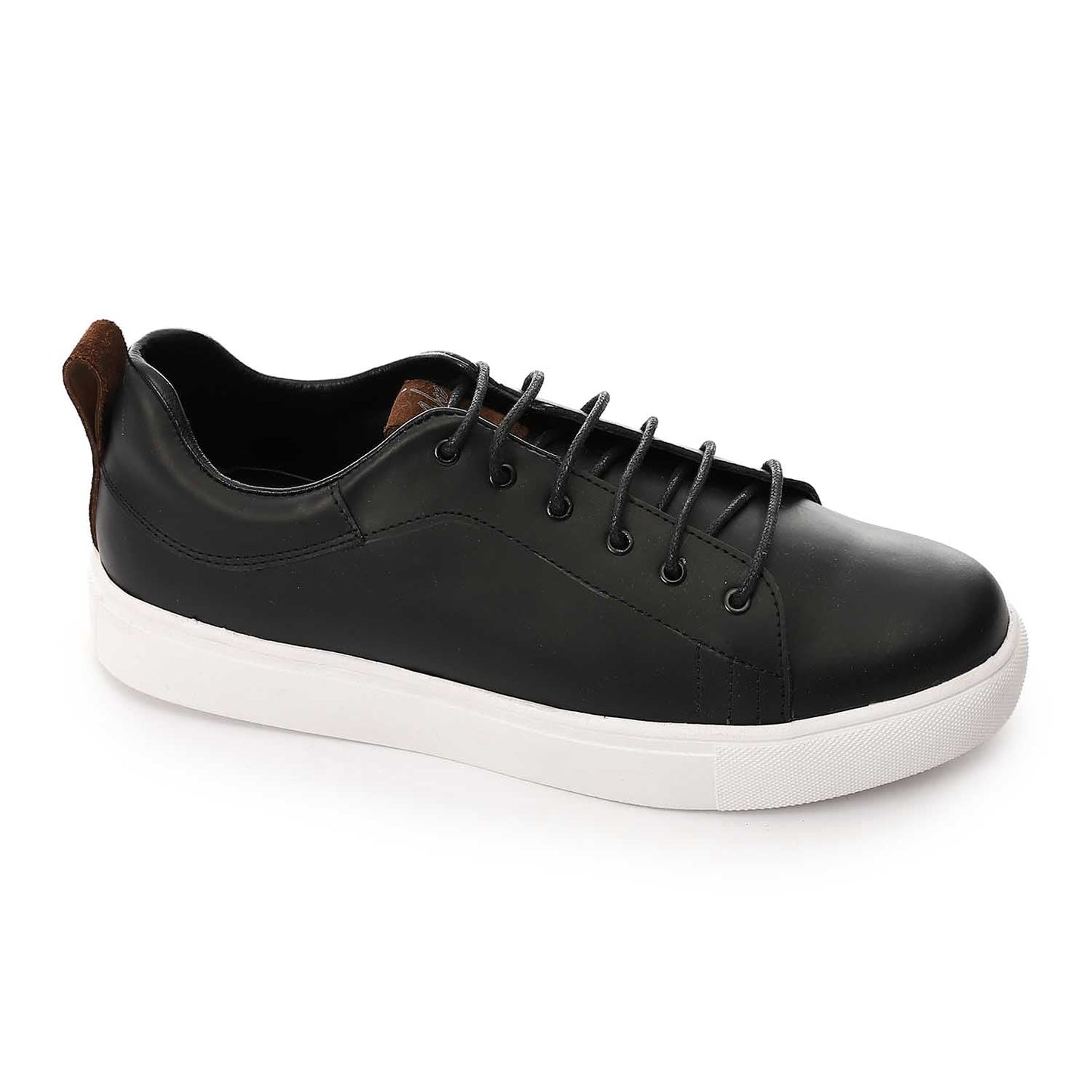 Leather Lace Up Round Toecap Flat Sneakers - Black