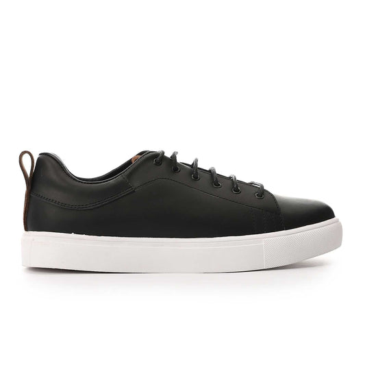 Leather Lace Up Round Toecap Flat Sneakers - Black