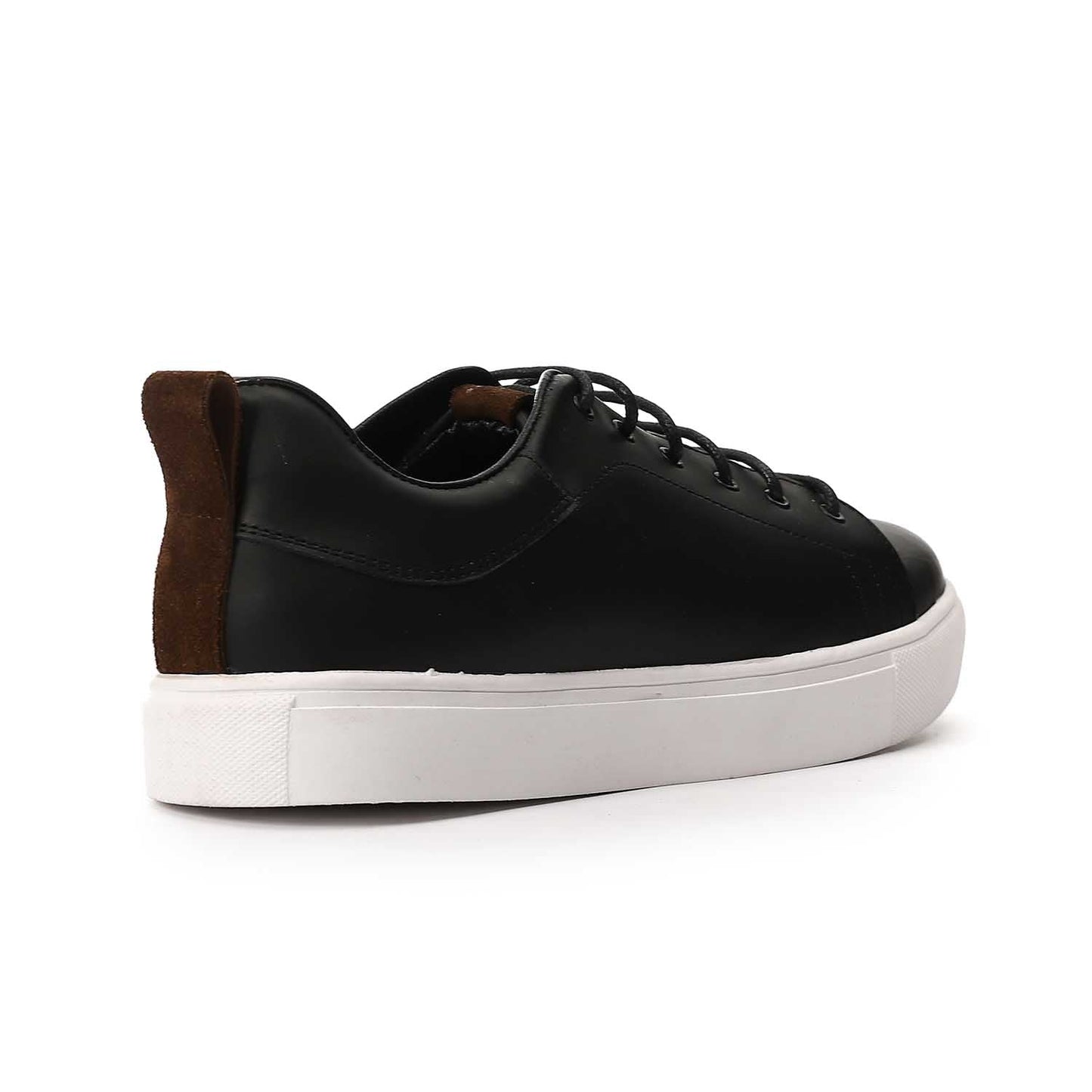 Leather Lace Up Round Toecap Flat Sneakers - Black