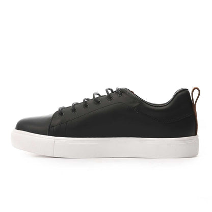 Leather Lace Up Round Toecap Flat Sneakers - Black
