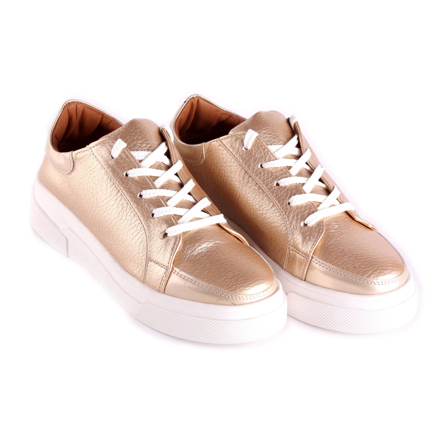 Faux Leather Lace-Up Sneakers –  Champagne