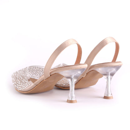 Strassed Slingback Stiletto Heels – Beige