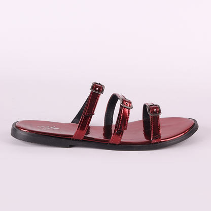 Leather Patent Triple-Strap Sandals – Dark Red