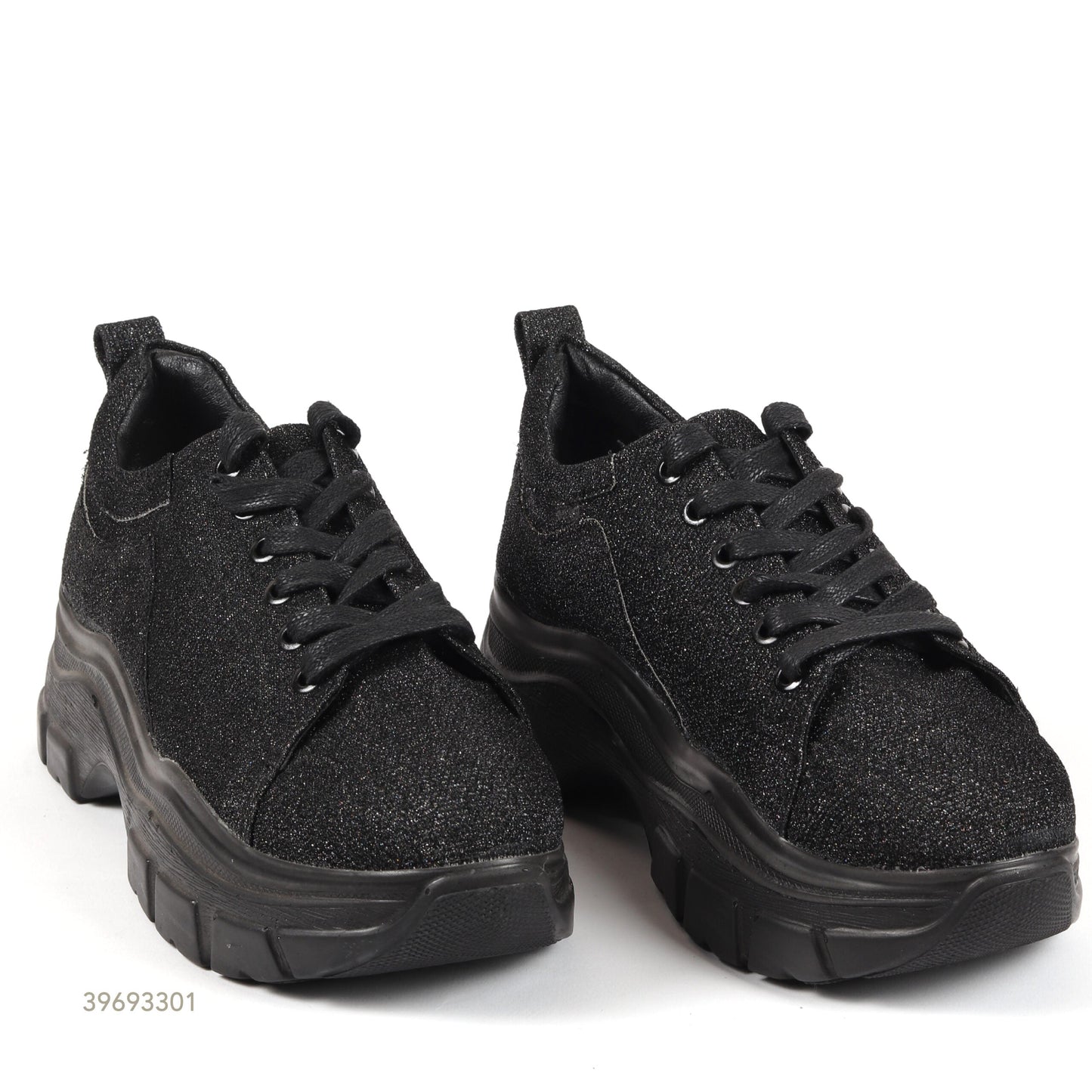 Glitter Lace-Up Chunky Sneakers – Black