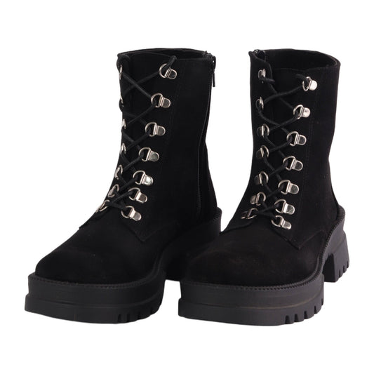 Suede Platform Combat Boots - Black