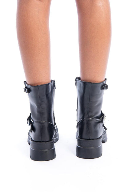 Faux Leather Round Toe Buckle Detail Boots - Black