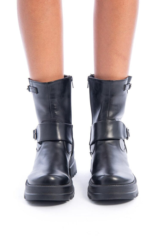 Faux Leather Round Toe Buckle Detail Boots - Black