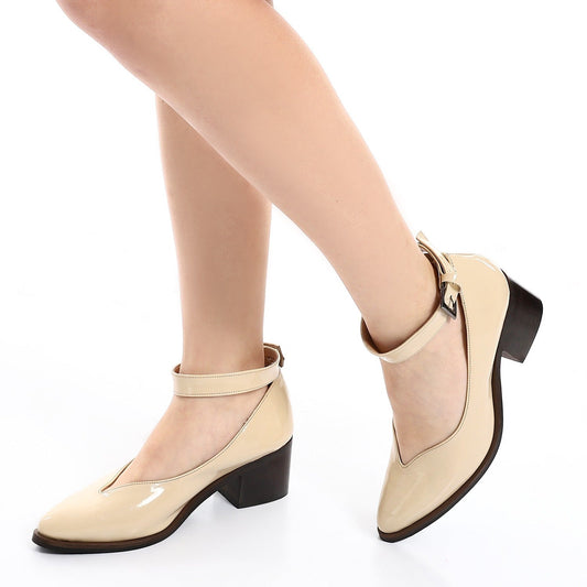 Faux Leather Oval-Toe Block Heel Shoes – Beige