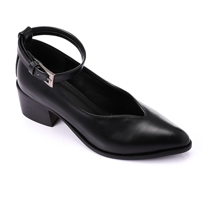 Faux Leather Oval-Toe Block Heel Shoes – Black