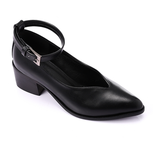 Faux Leather Oval-Toe Block Heel Shoes – Black