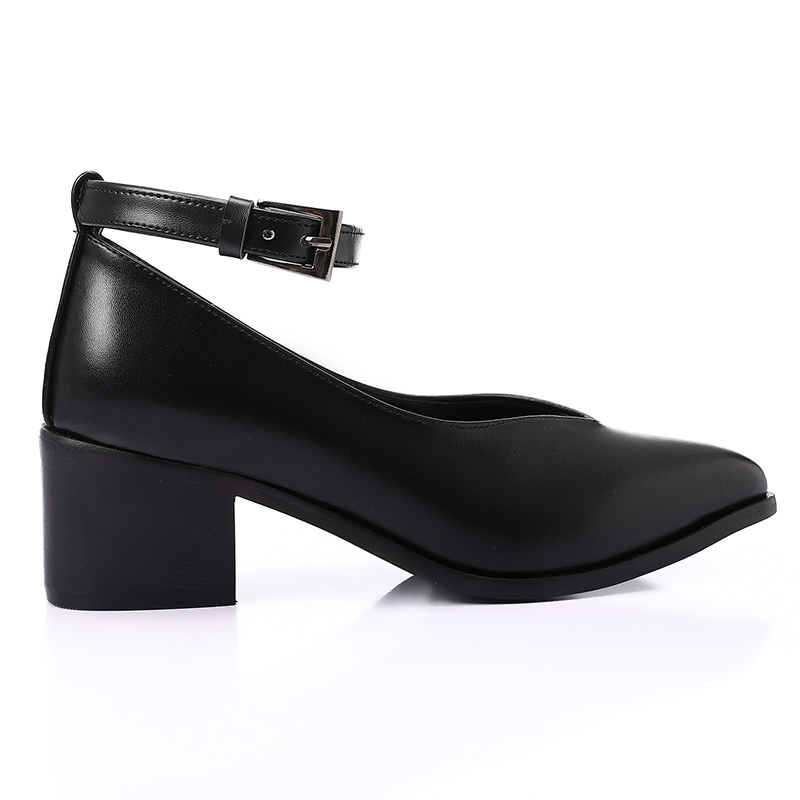 Faux Leather Oval-Toe Block Heel Shoes – Black