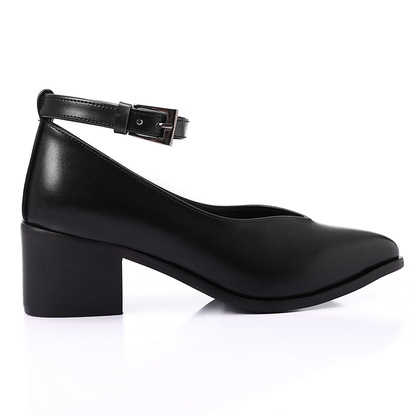 Faux Leather Oval-Toe Block Heel Shoes – Black