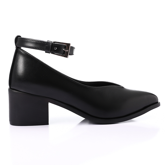 Faux Leather Oval-Toe Block Heel Shoes – Black