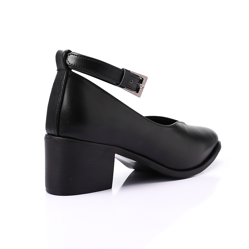 Faux Leather Oval-Toe Block Heel Shoes – Black