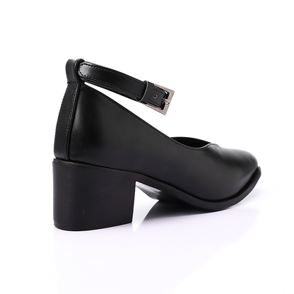Faux Leather Oval-Toe Block Heel Shoes – Black