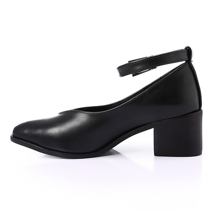Faux Leather Oval-Toe Block Heel Shoes – Black