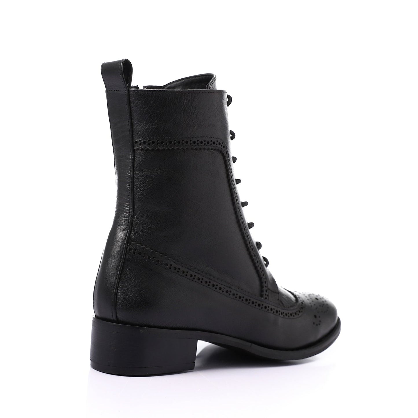 Faux Leather Perforated Lace-Up Half Boots - Black