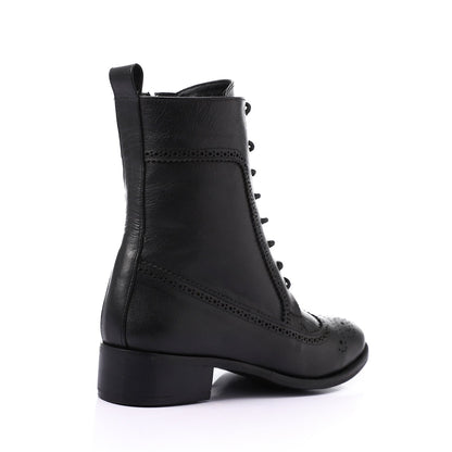 Faux Leather Perforated Lace-Up Half Boots - Black