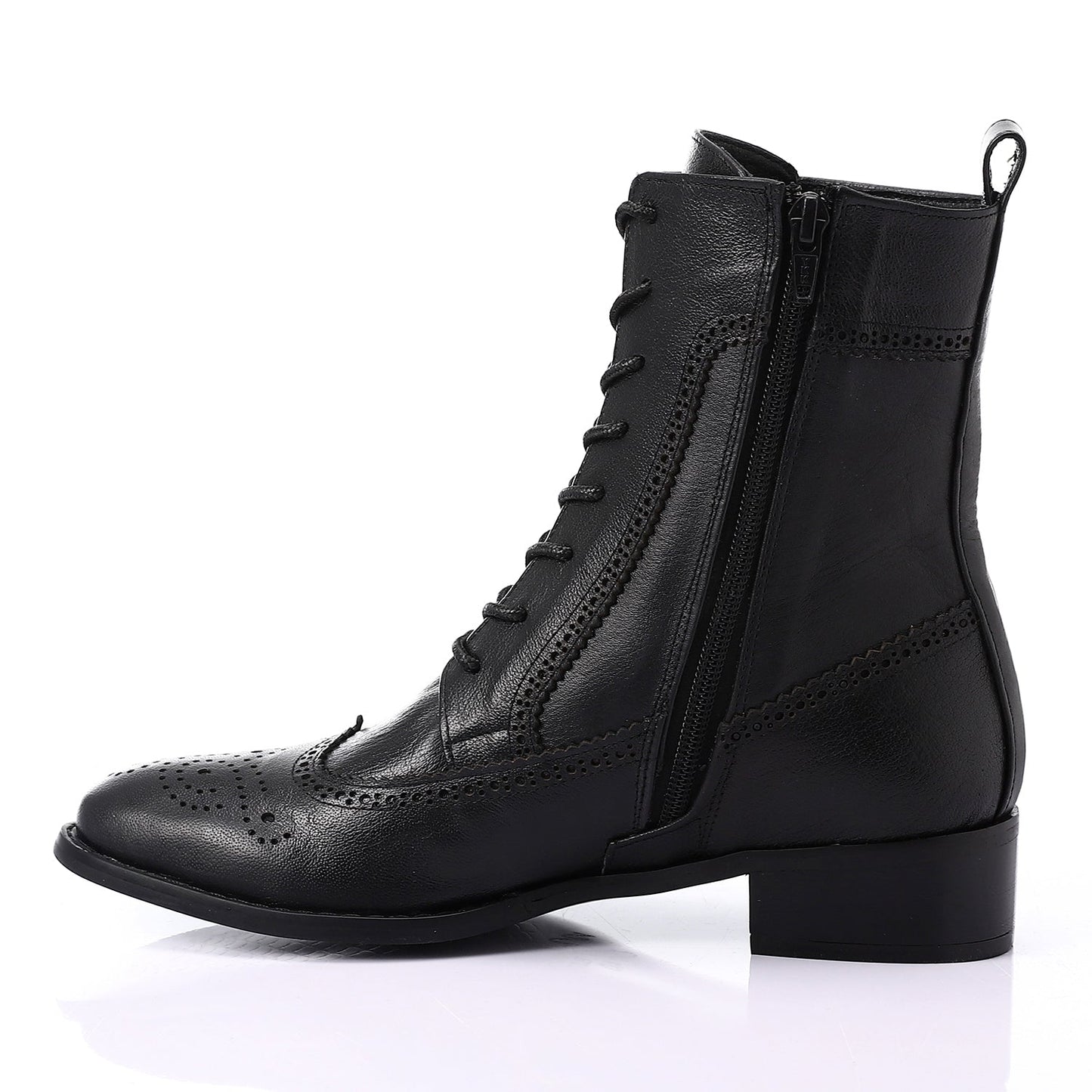 Faux Leather Perforated Lace-Up Half Boots - Black