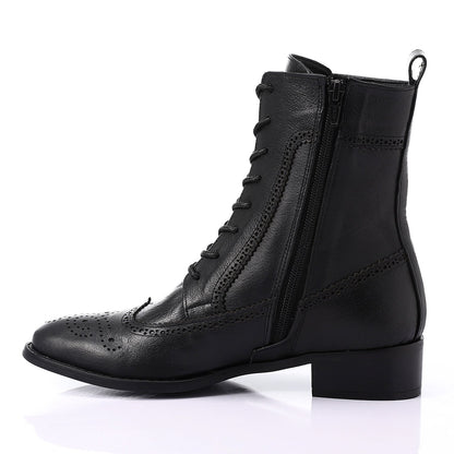 Faux Leather Perforated Lace-Up Half Boots - Black