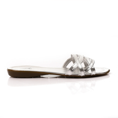 Faux Leather Criss-Cross Flat Slippers – Silver