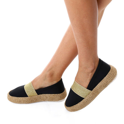 Textile Round-Toe Slip-On Espadrille Flats - Black