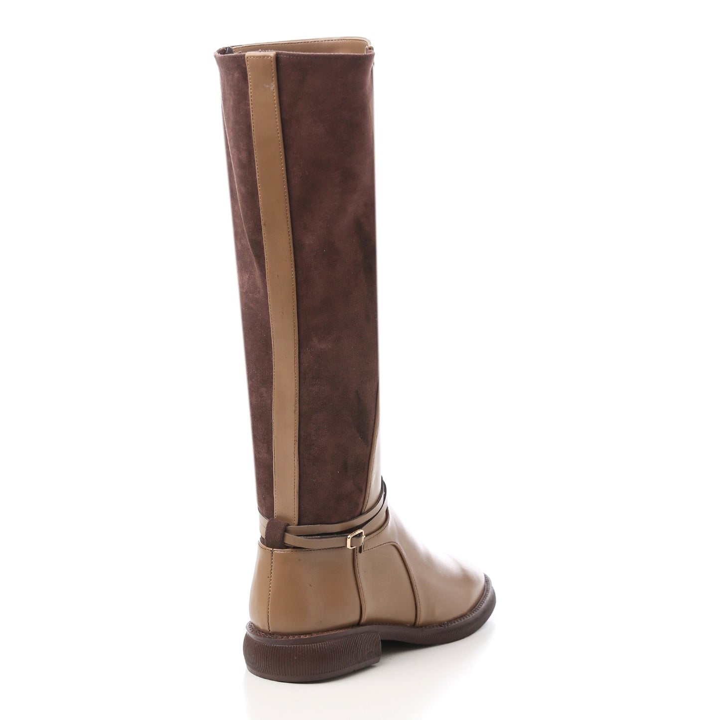 Suede & Leather Knee-High Boots with Buckle Detail – Brown
