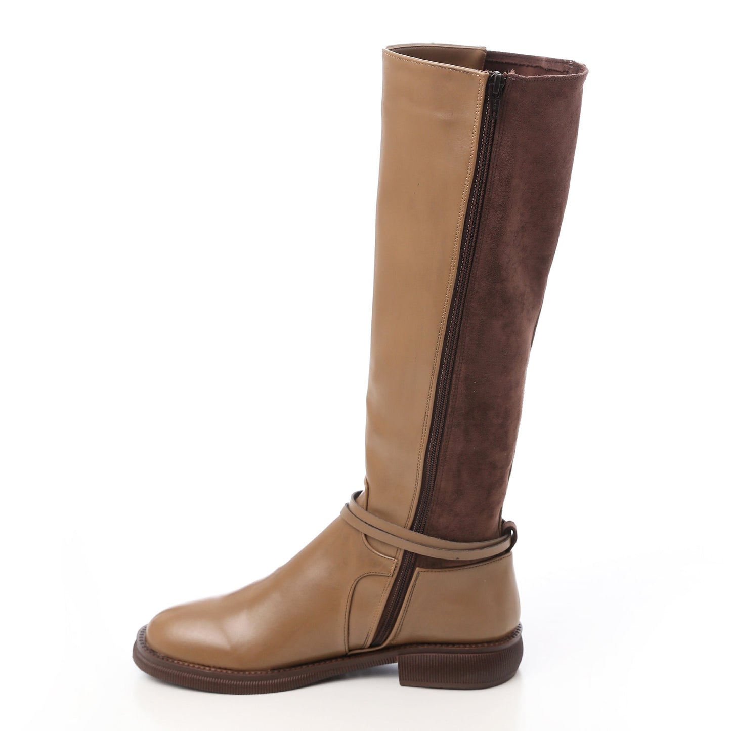 Suede & Leather Knee-High Boots with Buckle Detail – Brown