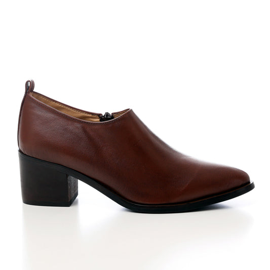 Faux Leather Oval-Toe Block Heel Slip-On Shoes - Brown
