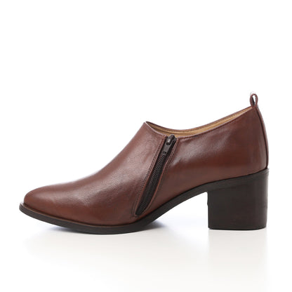 Faux Leather Oval-Toe Block Heel Slip-On Shoes - Brown