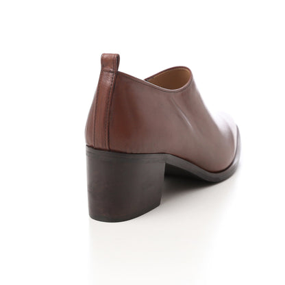 Faux Leather Oval-Toe Block Heel Slip-On Shoes - Brown