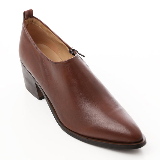 Faux Leather Oval-Toe Block Heel Slip-On Shoes - Brown