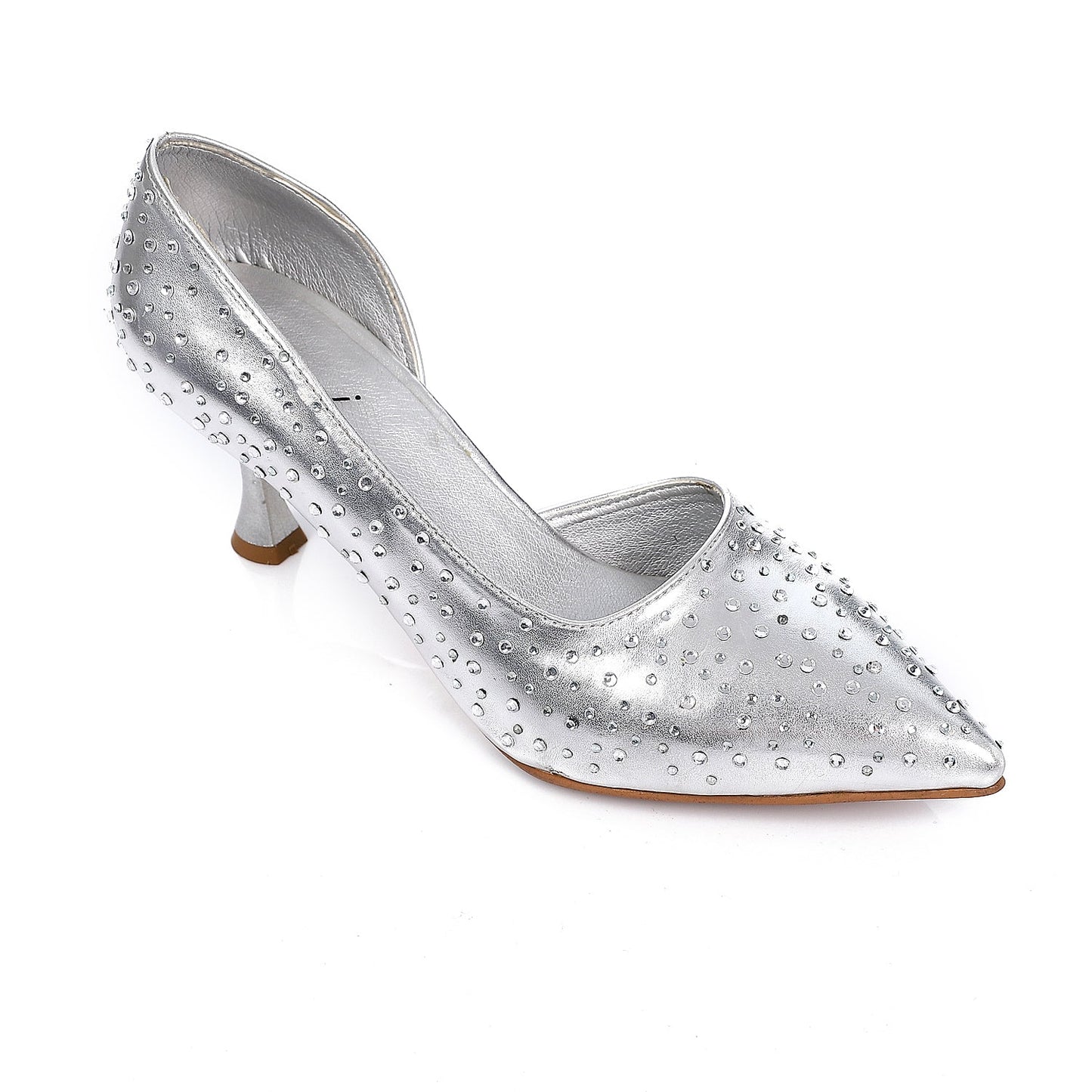 Leather Strassed Pointed Heels - Silver